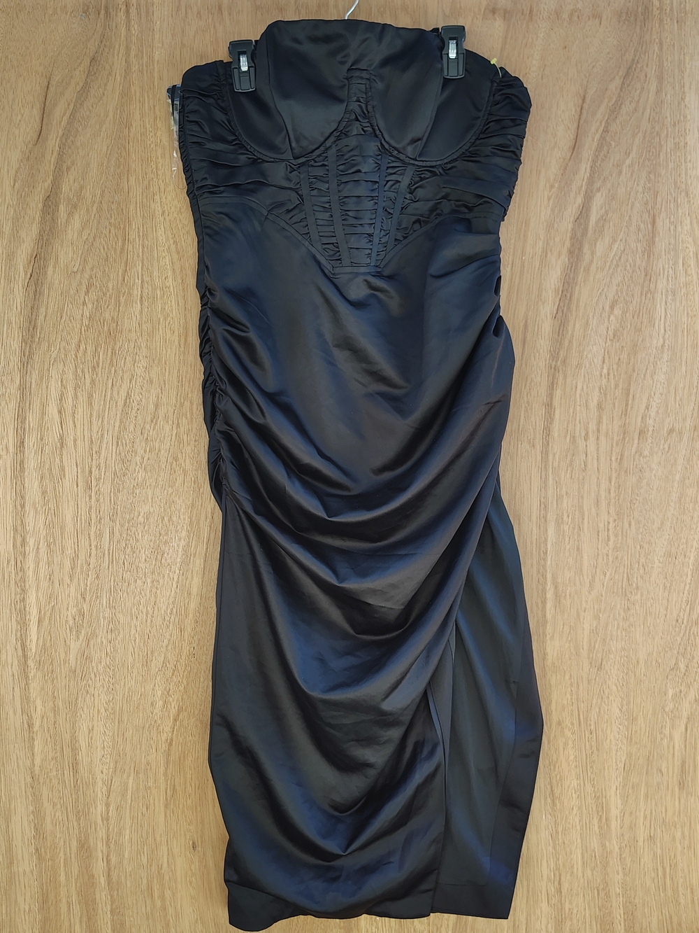 PrettyLittleThing Black Strapless Ruched Satin Coctail  Dress